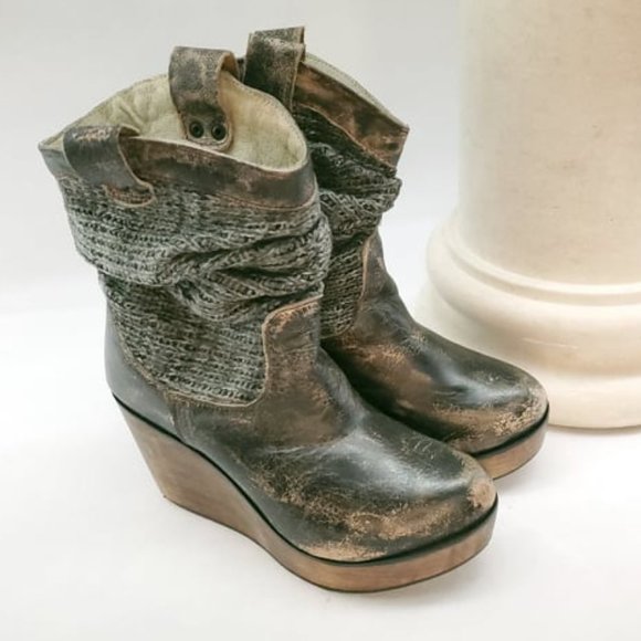 Bed Stu Shoes - BED|STU Bruges Sultry Slouch Wedge Booties Black Lux 7 B (Fit Closer to 6.5)